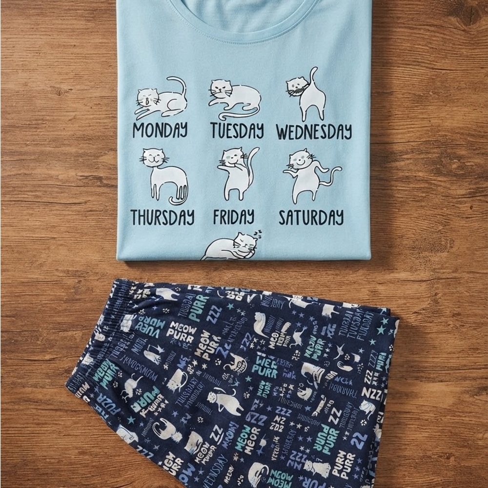 Women’s XL Light Blue Cat-Print Pajama Set - Blue/ Navy